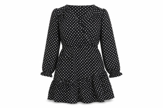 Front view of Matalan women’s multicoloured polka dot polyester fit & flare, size UK 10, v-neck