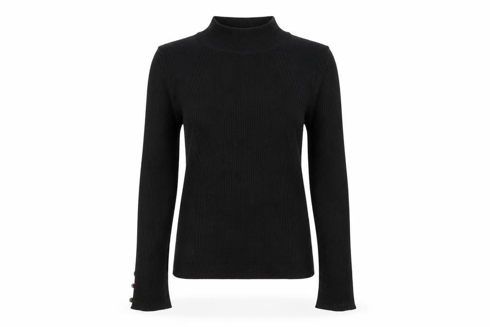 Front view of Topshop women’s black round neck viscose jumper, size UK 10