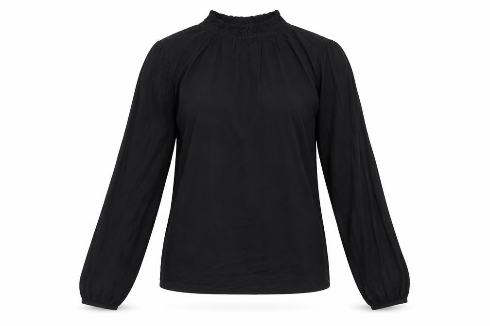 Front view of Marks & Spencer women’s black viscose basic blouse, size UK 8, round neck