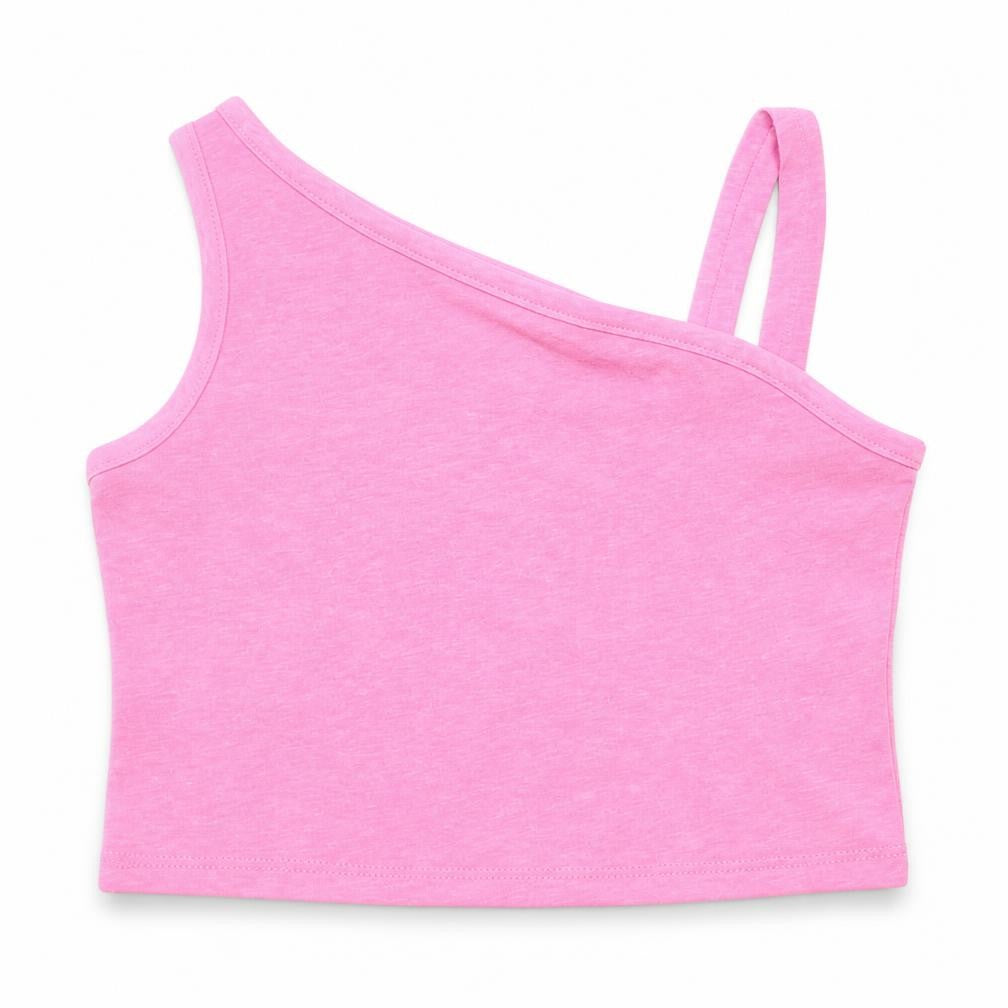 Front view of Matalan girls’ pink cotton basic t-shirt, size 4, years one shoulder