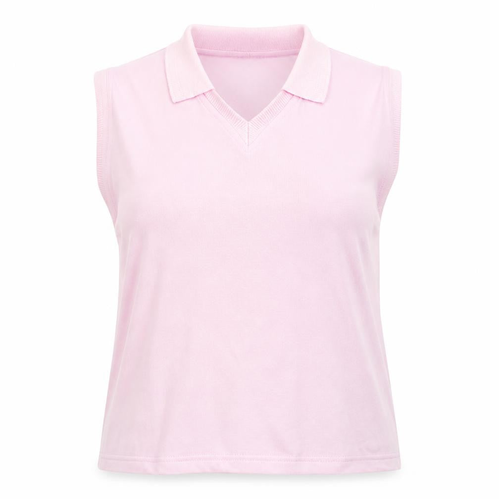 Front view of Preworn women’s pink collared polyester jumper, size UK 18