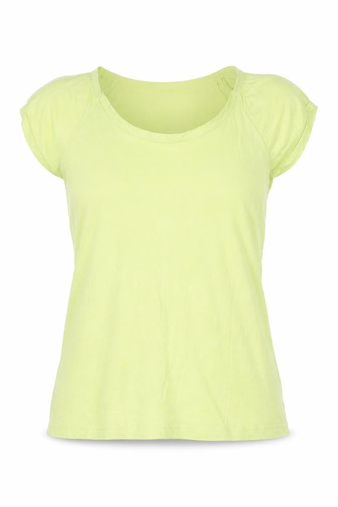 Front view of Internationale women’s green cotton basic t-shirt, size UK 12, round neck