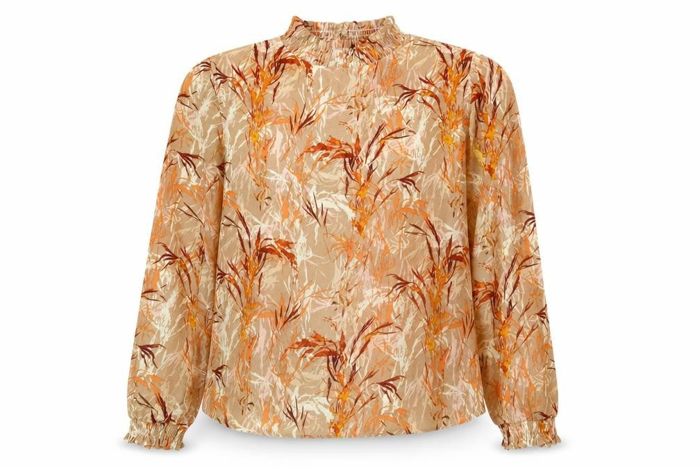 Front view of VILA women’s brown geometric polyester basic blouse, size UK 10, high neck