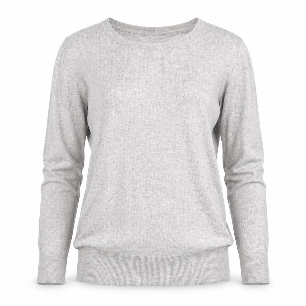 Front view of H&M women’s grey crew neck viscose jumper, size M