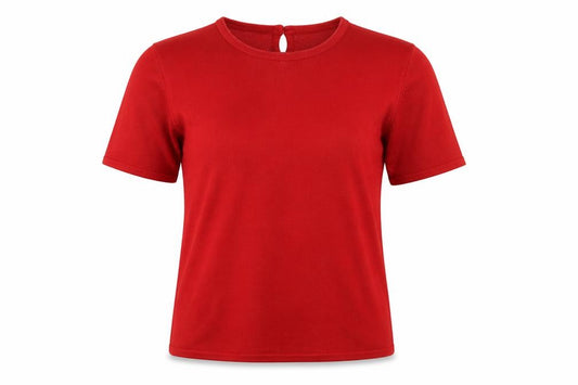 Front view of Alexara women’s red acrylic basic t-shirt, size S, round neck