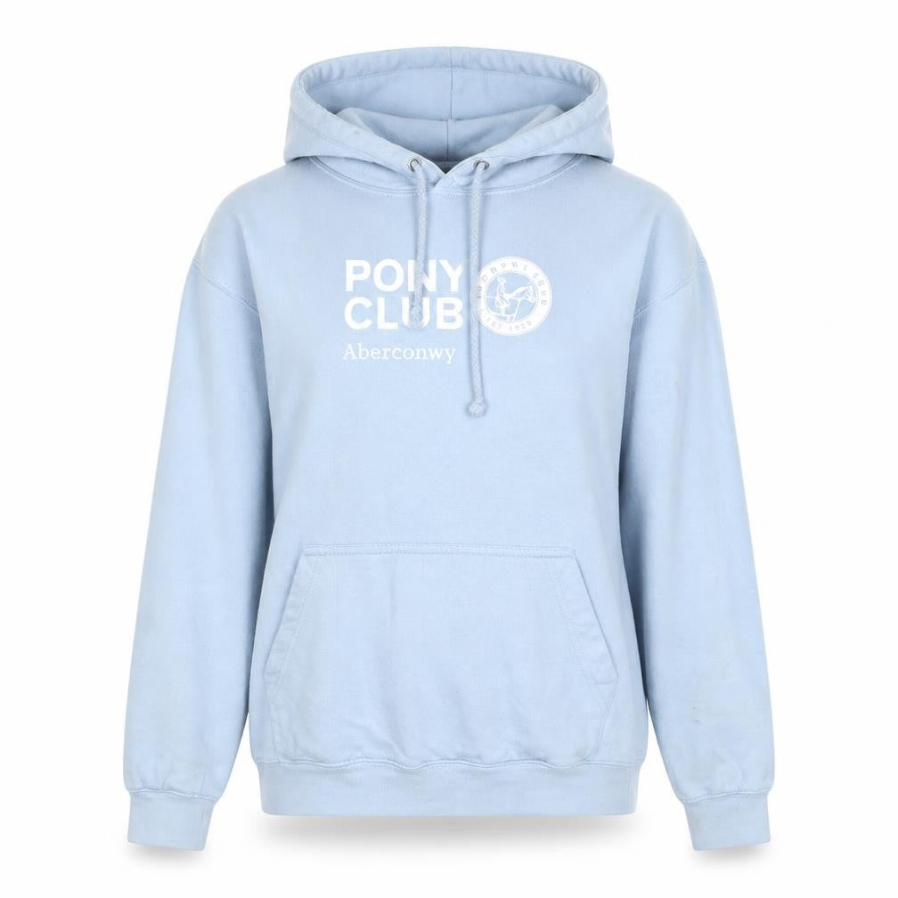 Front view of AWD women’s blue cotton pullover hoodie, size S, - pony