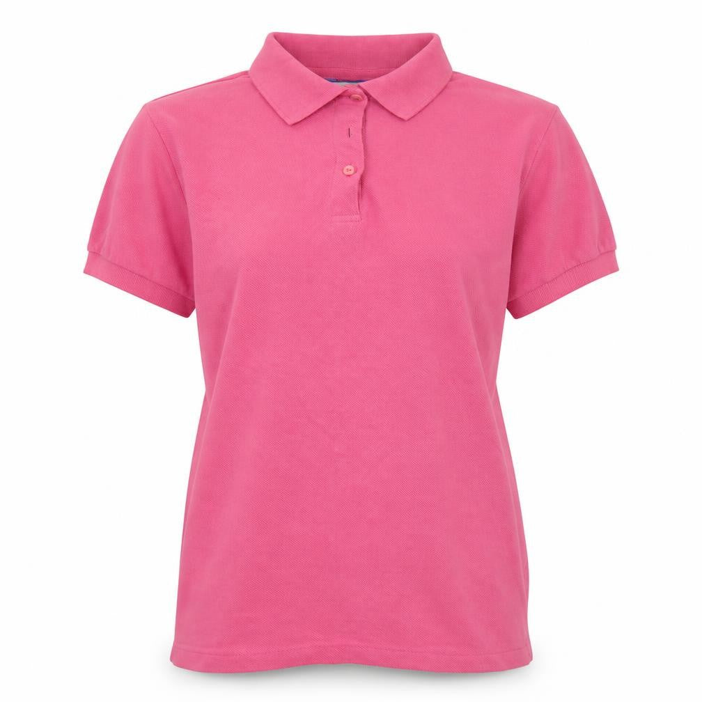 Front view of Casual Club women’s pink polyester basic polo, size S, collared
