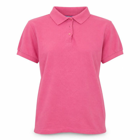 Front view of Casual Club women’s pink polyester basic polo, size S, collared