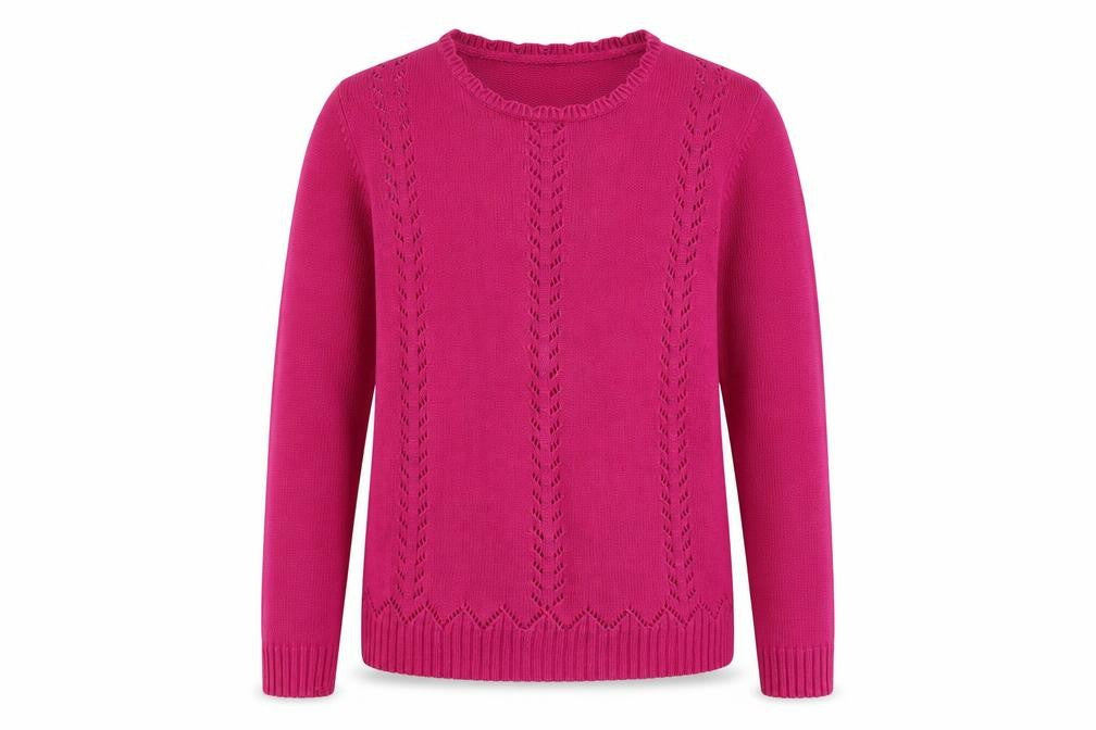 Front view of women’s purple geometric cotton pullover sweatshirt, size M, pullover