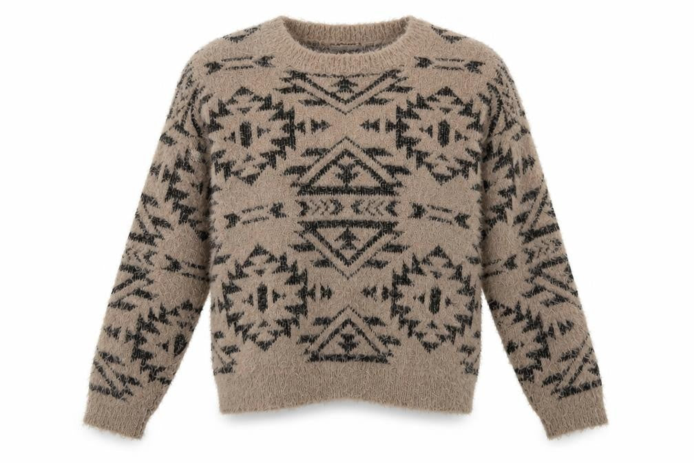 Front view of Marks & Spencer women’s brown geometric acrylic pullover sweatshirt, size UK 12, pullover