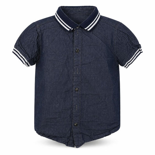 Front view of Peacocks boys’ blue cotton basic button-up, size 7-8, years collared button