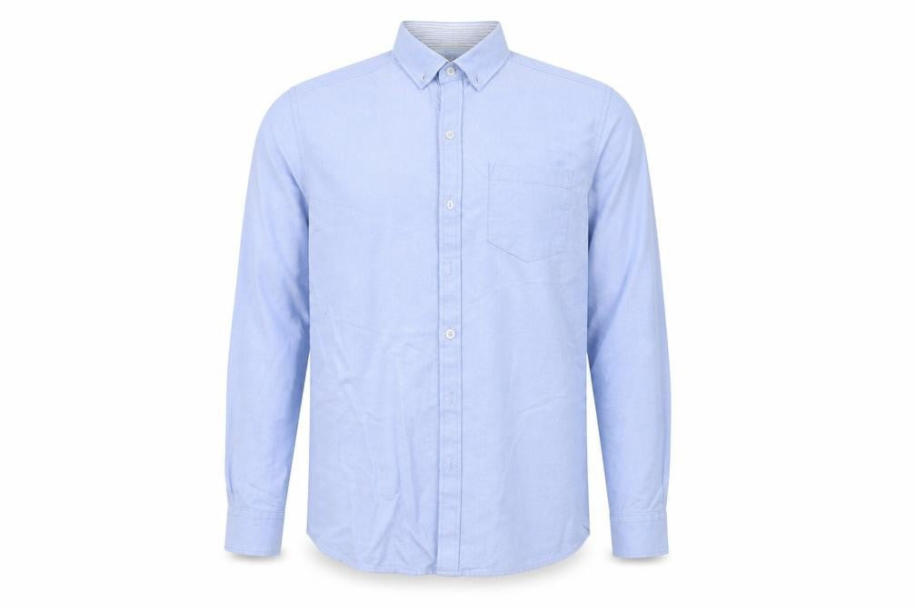 Front view of larsson & co men’s blue cotton button-up, size M, collared button