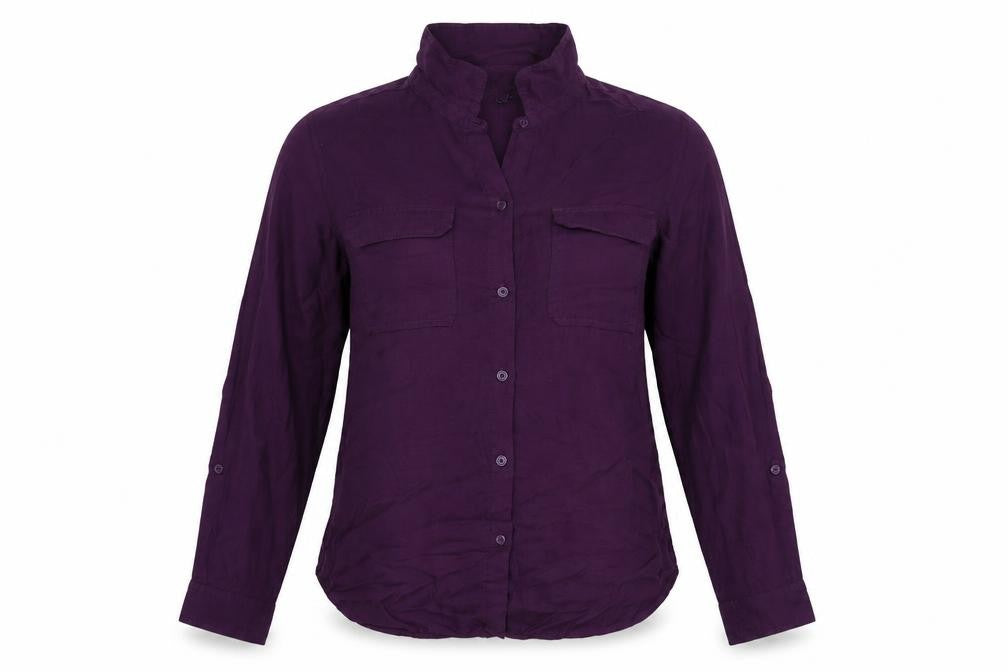 Front view of Roz & Ali women’s purple nylon basic button-up, size L, collared
