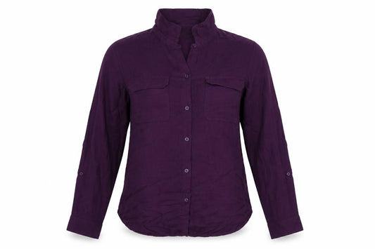 Front view of Roz & Ali women’s purple nylon basic button-up, size L, collared