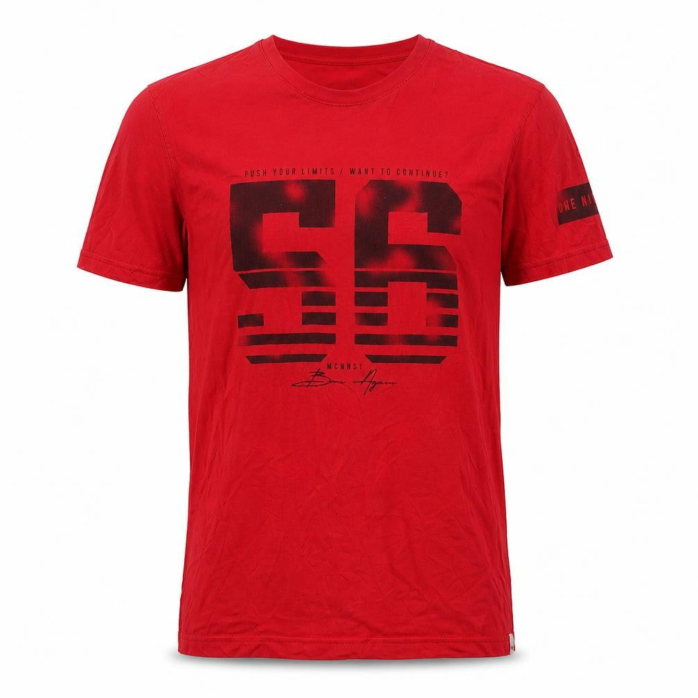 Front view of Machinist men’s red t-shirt, size M, round neck
