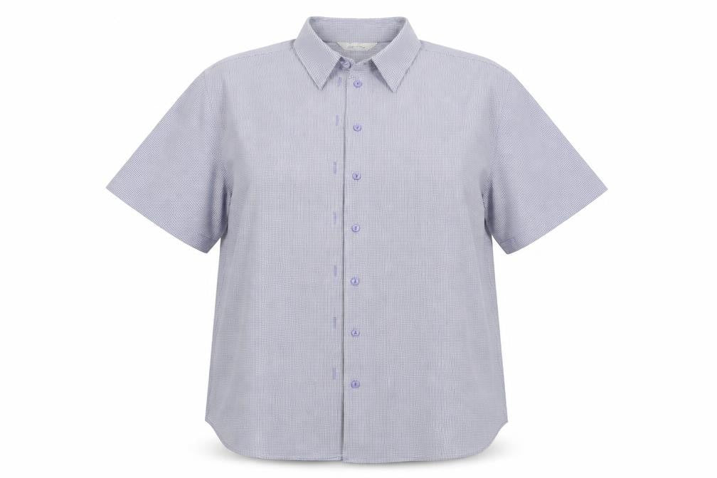 Front view of Joie de Vivre women’s blue polyester basic button-up, size UK 18, collared