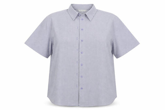 Front view of Joie de Vivre women’s blue polyester basic button-up, size UK 18, collared