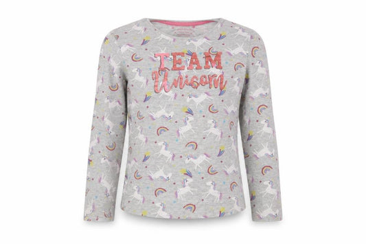 Front view of Primark girls’ grey geometric cotton top pyjama top, size 5-6, years - unicorn print