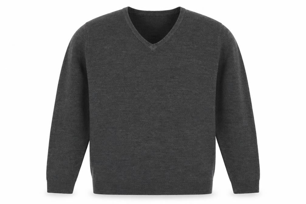 Front view of Marks & Spencer men’s grey v-neck acrylic jumper, size L