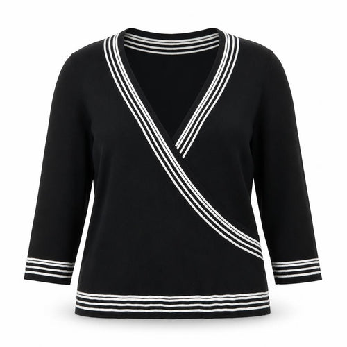 Authentic Clothing Company Womens Black V-Neck Striped Viscose Pullover Jumper Size L