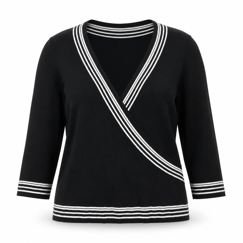 Authentic Clothing Company Womens Black V-Neck Striped Viscose Pullover Jumper Size L