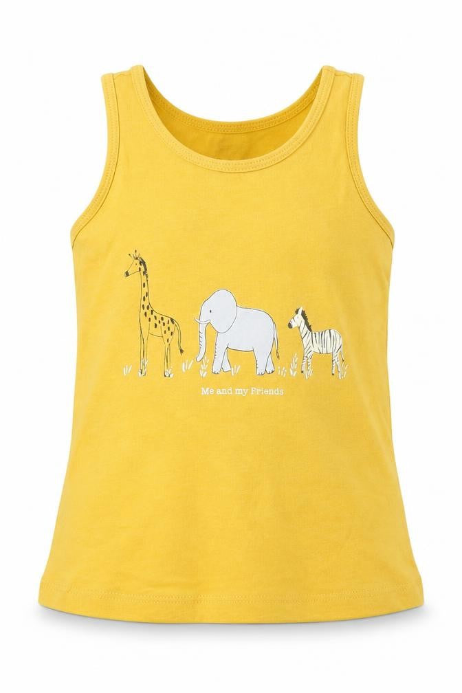 Front view of Primark girls’ yellow cotton basic tank, size 2-3, years crew neck - zoo animals