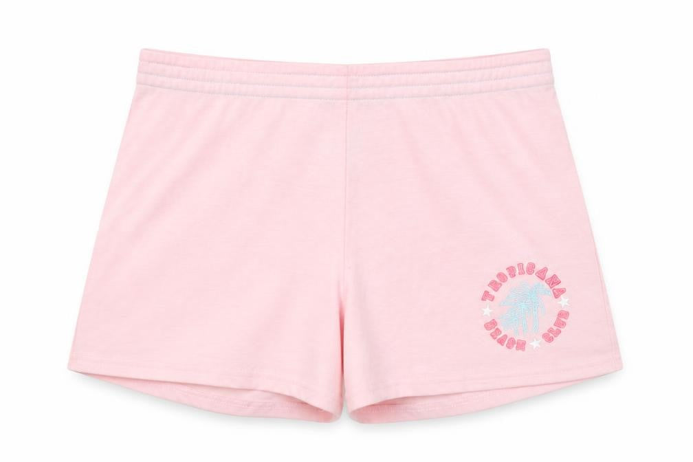Front view of Xe women’s pink polyester sweat shorts, size S, regular