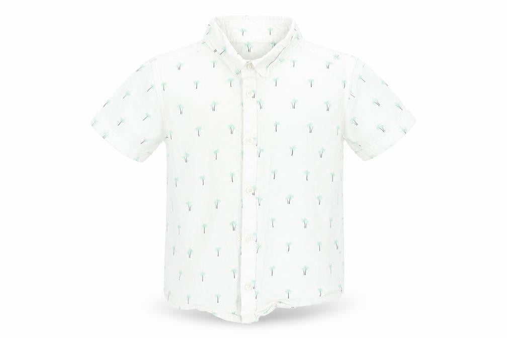 Front view of Matalan boys’ multicoloured geometric 100% cotton basic button-up, size 4-5, years collared - palm trees