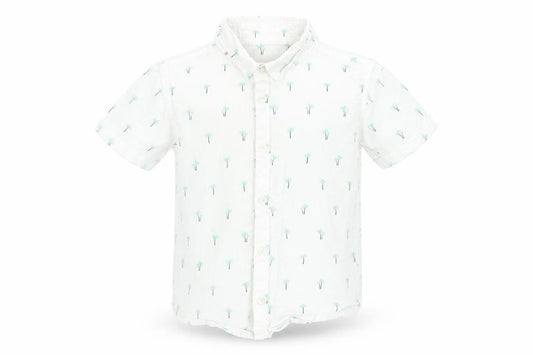 Front view of Matalan boys’ multicoloured geometric 100% cotton basic button-up, size 4-5, years collared - palm trees