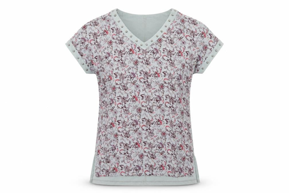 Front view of Next women’s multicoloured geometric viscose basic blouse, size UK 6, round neck