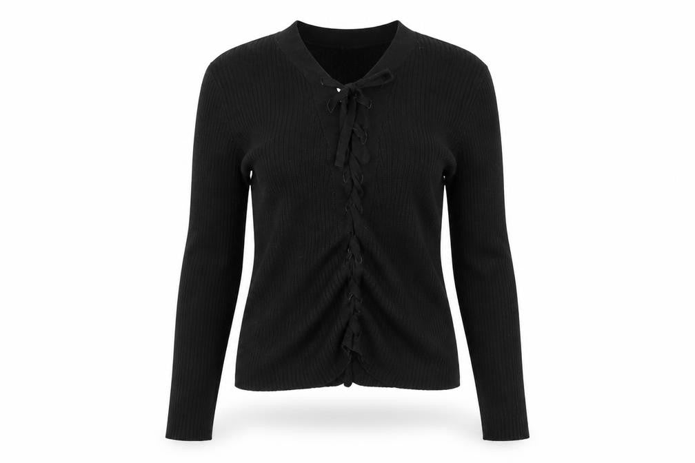 Front view of H&M women’s black round neck viscose jumper, size M