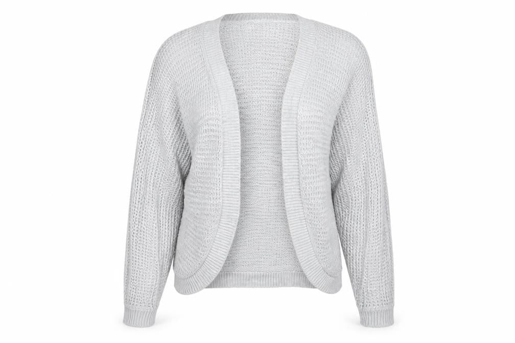 Front view of boohoo women’s grey round neck polyester cardigan jumper, size M