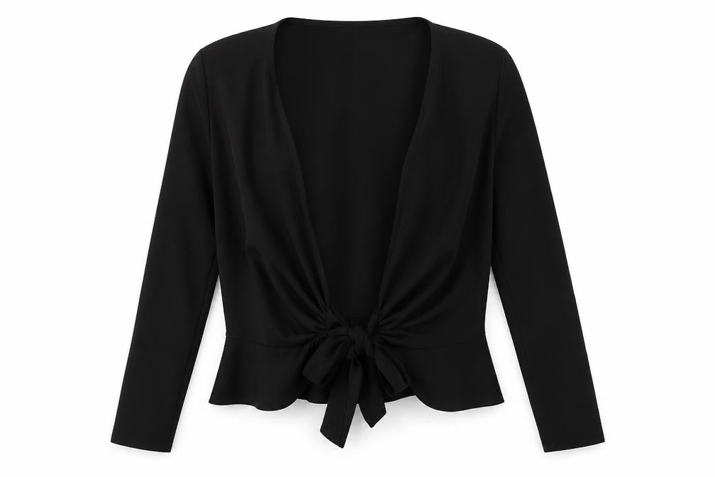 Front view of Boohoo women’s black jacket, size UK 6, tie