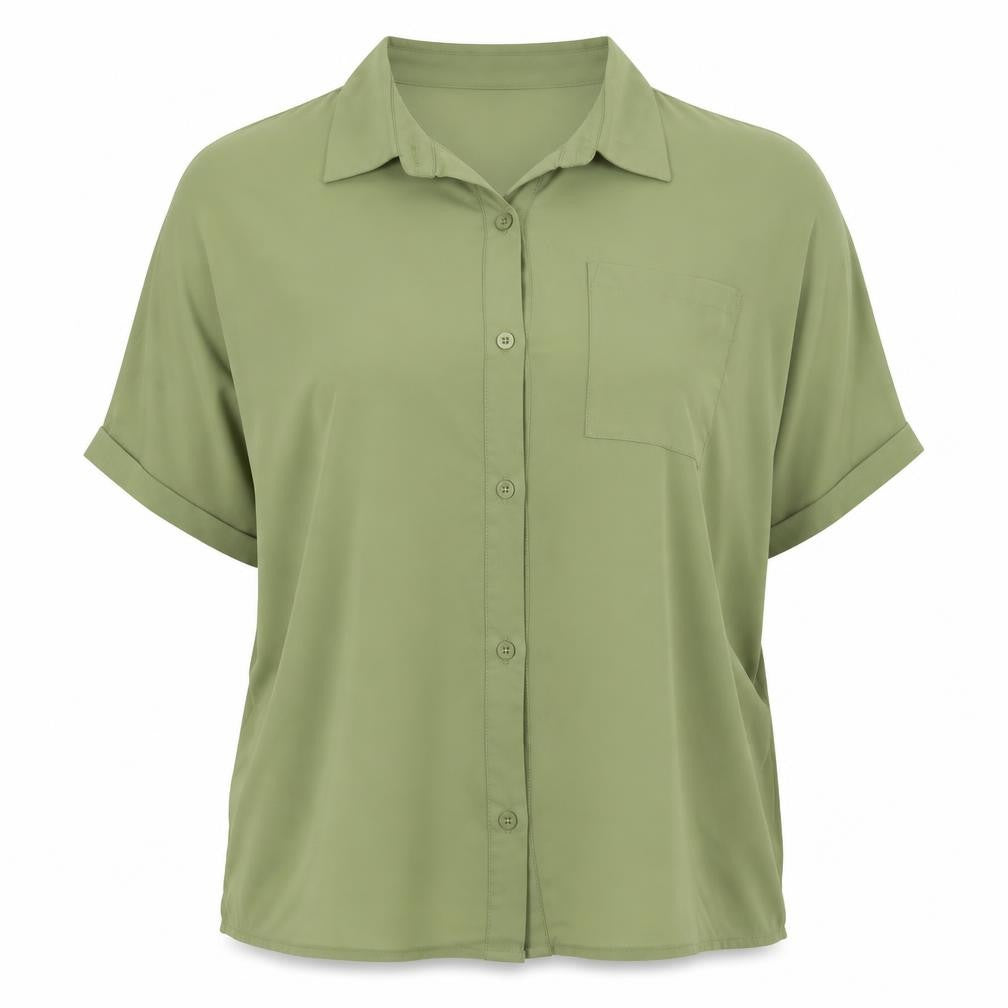 Front view of SHEIN women’s green polyester basic button-up, size L, collared
