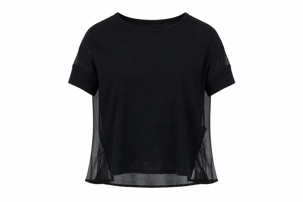 Front view of Warehouse women’s black viscose basic blouse, size UK 8, round neck