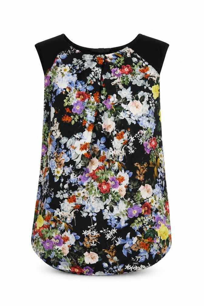 Front view of Warehouse women’s black floral polyester basic tank, size UK 12, round neck