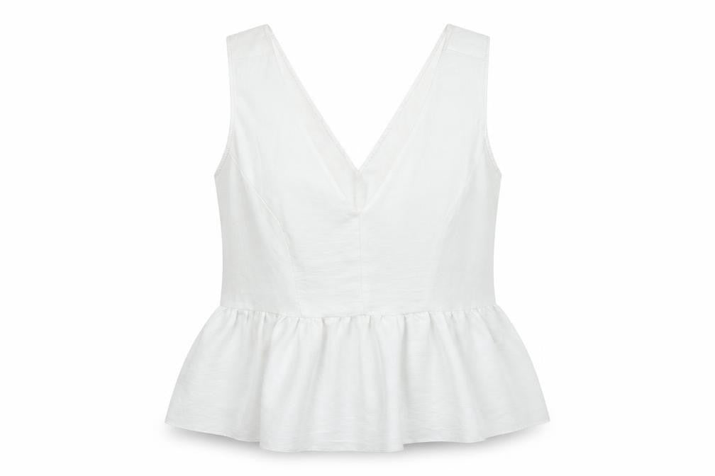 Front view of ASOS women’s white polyester basic tank, size UK 16, v-neck