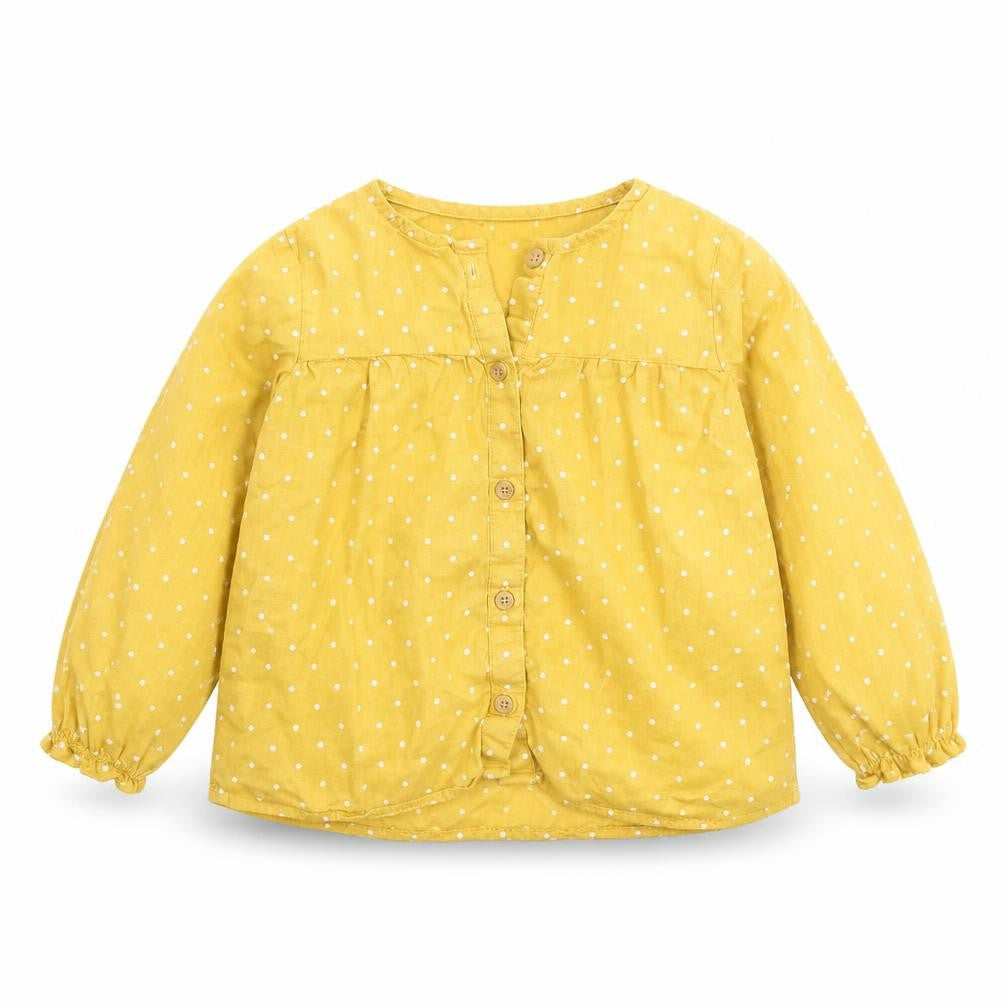 Front view of H&M girls’ yellow polka dot cotton basic button-up, size 2, years round neck button