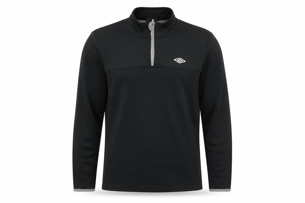 Front view of Umbro men’s black high neck polyester henley jumper, size M