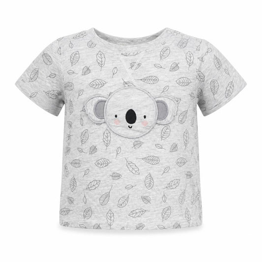 Front view of Tu Baby Grey Spotted Cotton Basic T-Shirt, size 9-12, Months Round Neck