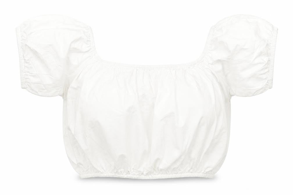 Front view of ASOS women’s white cotton basic t-shirt, size UK 6, off the shoulder