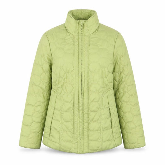 Front view of the four seasons london women’s green geometric quilted jacket, size XS, zip