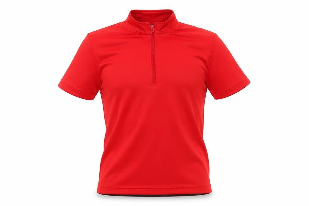 Front view of oxylane boys’ red polyester basic t-shirt, size 8, years round neck - active wear