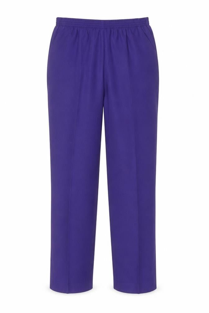 Front view of Alfred Dunner women’s purple polyester trousers, size UK 10, 27-inch leg regular