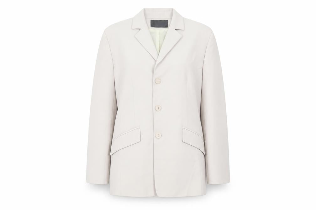 Front view of Essentials women’s beige polyester jacket suit jacket, size UK 14