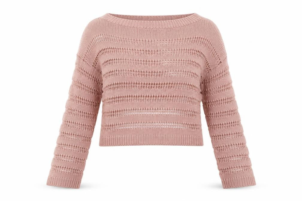 Front view of Missguided women’s pink striped acrylic pullover sweatshirt, size M, pullover