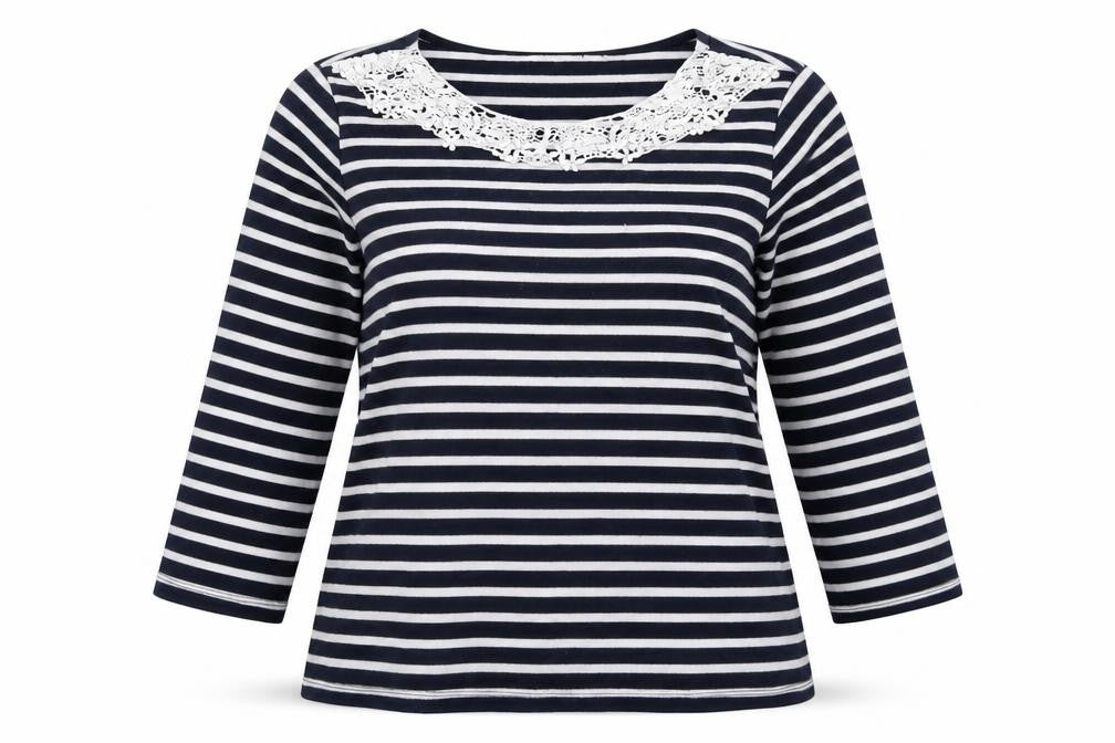 Front view of First Avenue women’s black striped cotton pullover sweatshirt, size L, pullover