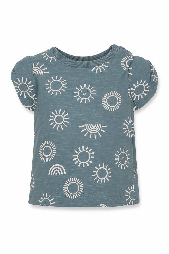 Front view of Nutmeg boys’ blue geometric cotton basic t-shirt, size 6-9, months crew neck buckle