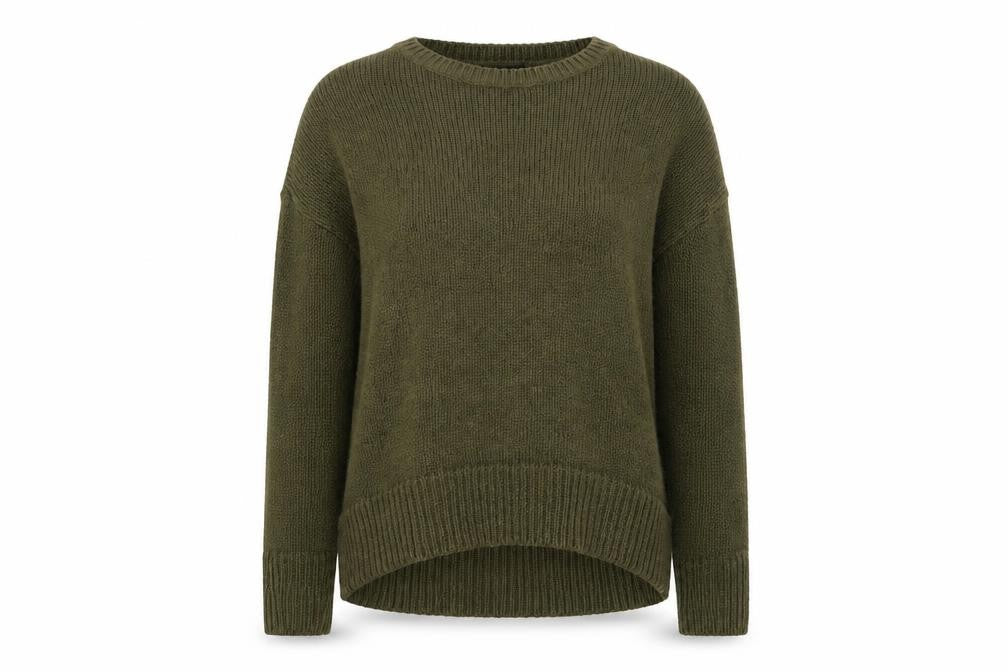 Front view of New Look women’s green round neck acrylic jumper, size S