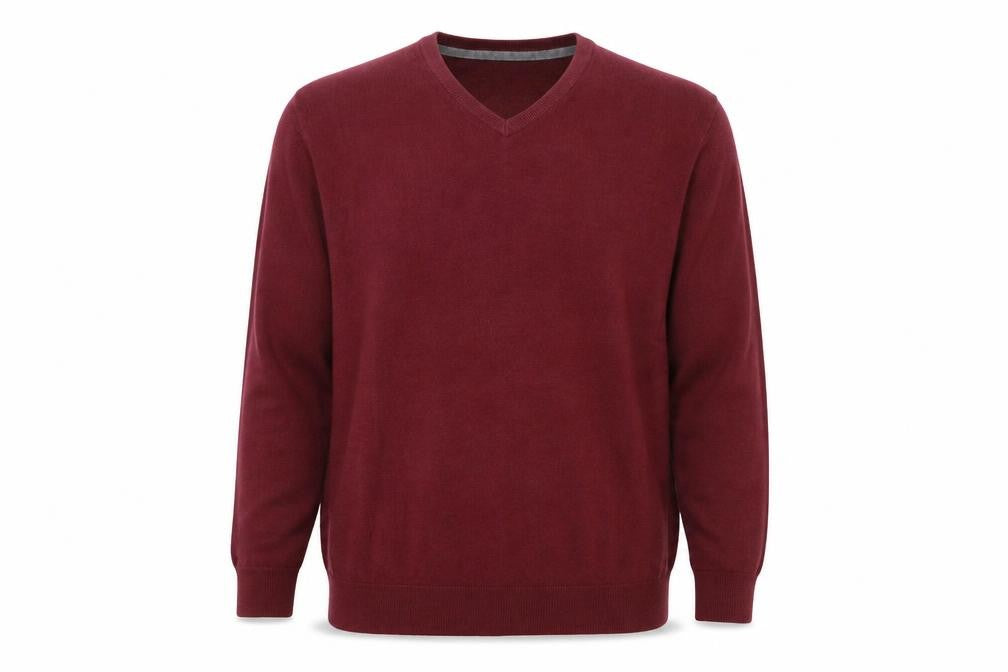 Front view of Debenhams men’s pink v-neck acrylic jumper, size L